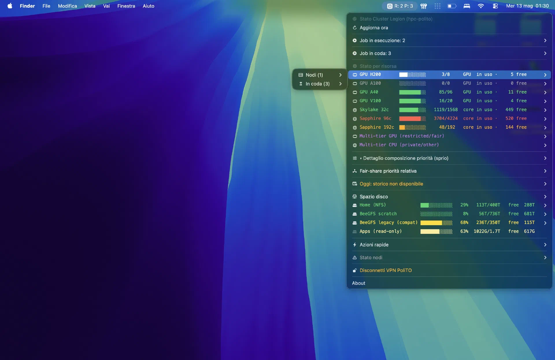 Interface screenshot from PoliTO HPC SwiftBar: Cluster Monitor for macOS