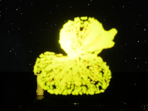 A rubber duck rendered as a loose cloud of glowing yellow particles against a starfield, its outline recognisable but its surface unresolved.