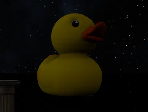 The same rubber duck as a solid shaded mesh on the same starfield, with a defined beak and eye.