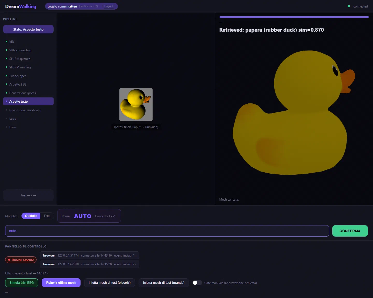 The DreamWalking operator console during a session. A left column lists pipeline states including VPN connecting, SLURM queued, SLURM running and tunnel open. The centre shows the retrieved hypothesis image of a rubber duck. The right panel renders the generated 3D mesh, labelled retrieved: papera, similarity 0.870.