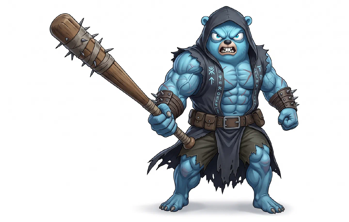 A cartoon mascot for GoRacle: a muscular, angry blue bear in a ragged black hood and leather belt, holding a large spiked wooden club, drawn against a white background.