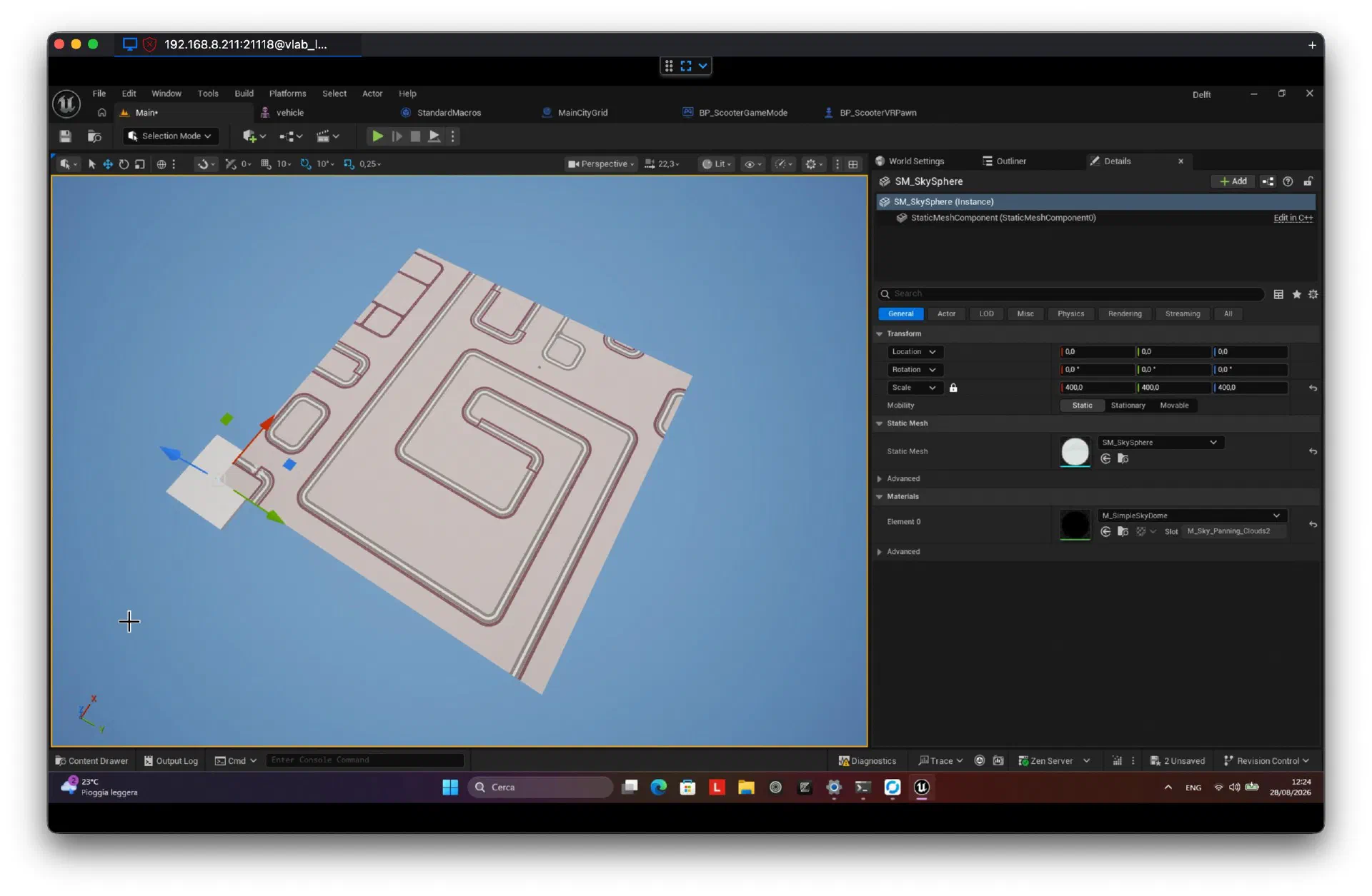 The Unreal Engine editor viewport showing the generated ground plan from above: a light flat tile grid where roads with kerbs and pavements wind between empty rectangular regions, looking like a circuit board or a maze seen from overhead.