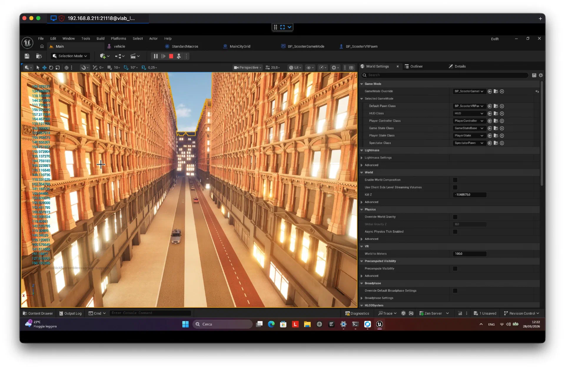 The Unreal Engine editor with a viewport looking down a generated street: tall red-brick façades on both sides, lit windows, pavements, a red cycle lane, and a few cars on the road. The World Settings panel on the right shows a custom VR game mode and pawn.
